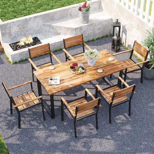 7 Pieces Acacia Wood Patio Dining Set with Metal Frame and 2 Inches Umbrella Hole-0