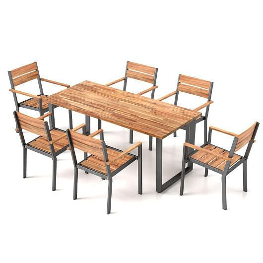 7 Pieces Acacia Wood Patio Dining Set with Metal Frame and 2 Inches Umbrella Hole-4