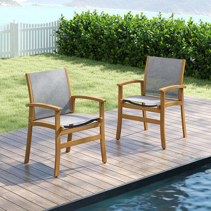 Set of 2 Patio Dining Chairs with Breathable Fabric and Acacia Wood Frame-0