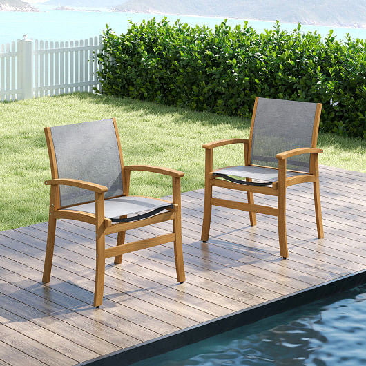 Set of 2 Patio Dining Chairs with Breathable Fabric and Acacia Wood Frame-0