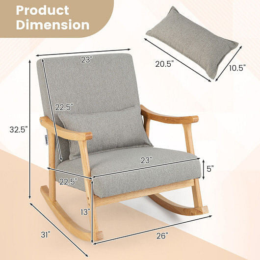 Upholstered Rocking Chair with Pillow and Rubber Wood Frame-Gray-4