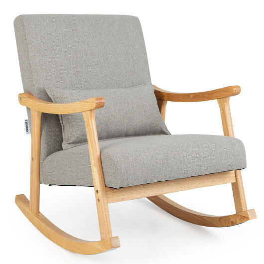 Upholstered Rocking Chair with Pillow and Rubber Wood Frame-Gray-0