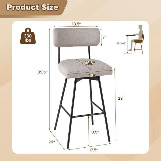 29 Inch Counter Height Upholstered Swivel Bar Stool Set of 2-beige-3