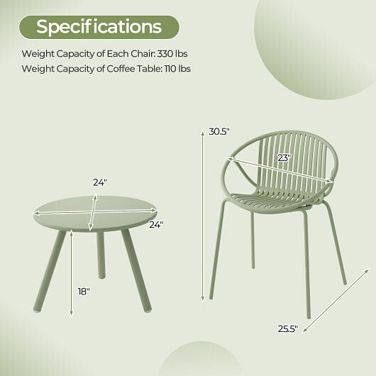 All Weather PP Patio Conversation Set with Round Coffee table and 2 Chairs-Green-3