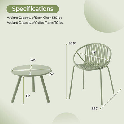 All Weather PP Patio Conversation Set with Round Coffee table and 2 Chairs-Green-3