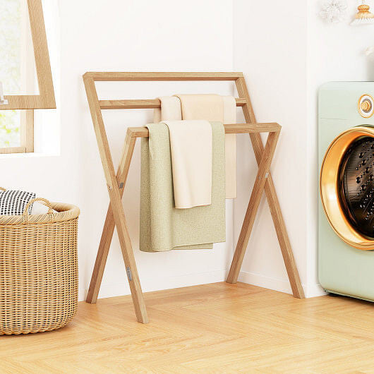 Freestanding Foldable Teak Wood Towel Rack with 3 Hanging Crossbars-0