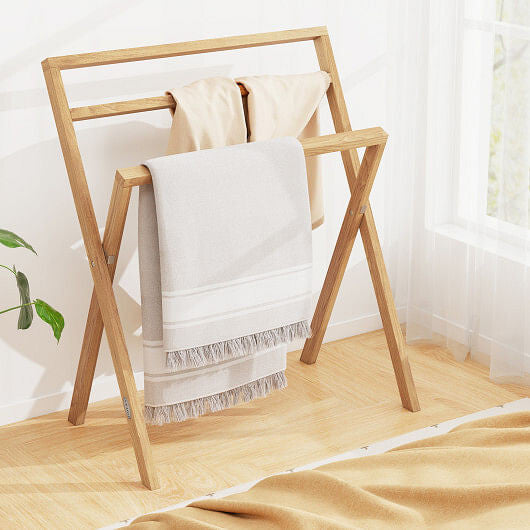 Freestanding Foldable Teak Wood Towel Rack with 3 Hanging Crossbars-1