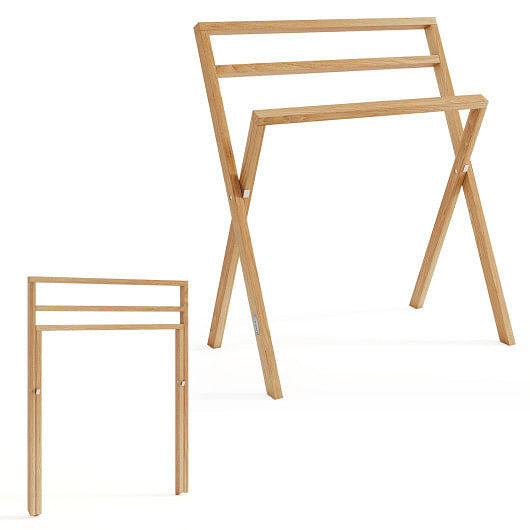 Freestanding Foldable Teak Wood Towel Rack with 3 Hanging Crossbars-2