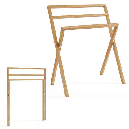 Freestanding Foldable Teak Wood Towel Rack with 3 Hanging Crossbars-2