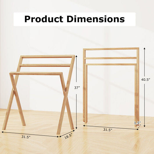 Freestanding Foldable Teak Wood Towel Rack with 3 Hanging Crossbars-3