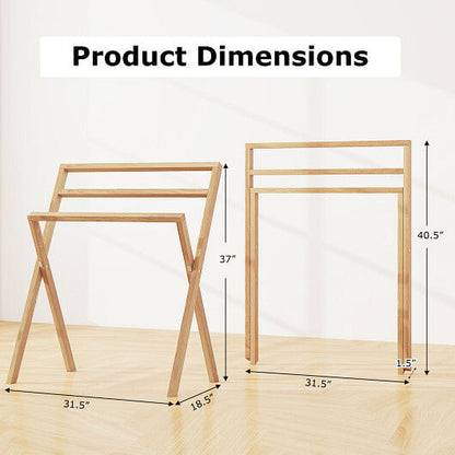 Freestanding Foldable Teak Wood Towel Rack with 3 Hanging Crossbars-3