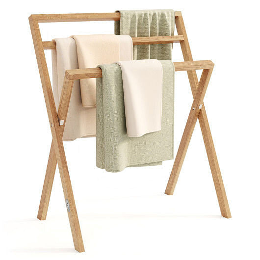 Freestanding Foldable Teak Wood Towel Rack with 3 Hanging Crossbars-4