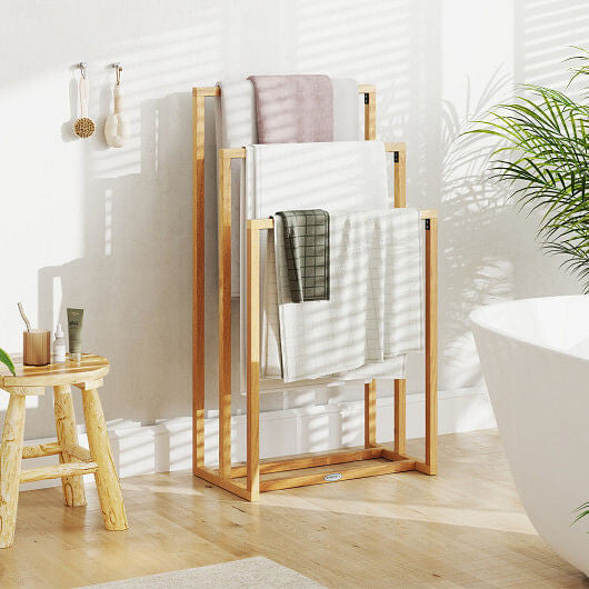 3-Tier Teak Wood Towel Rack with 3 Hanging Crossbars-0