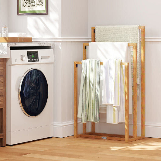 3-Tier Teak Wood Towel Rack with 3 Hanging Crossbars-1