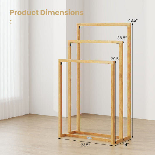3-Tier Teak Wood Towel Rack with 3 Hanging Crossbars-3