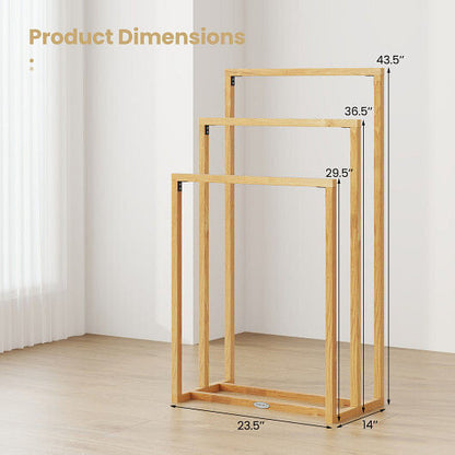 3-Tier Teak Wood Towel Rack with 3 Hanging Crossbars-3