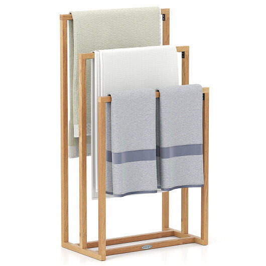 3-Tier Teak Wood Towel Rack with 3 Hanging Crossbars-4