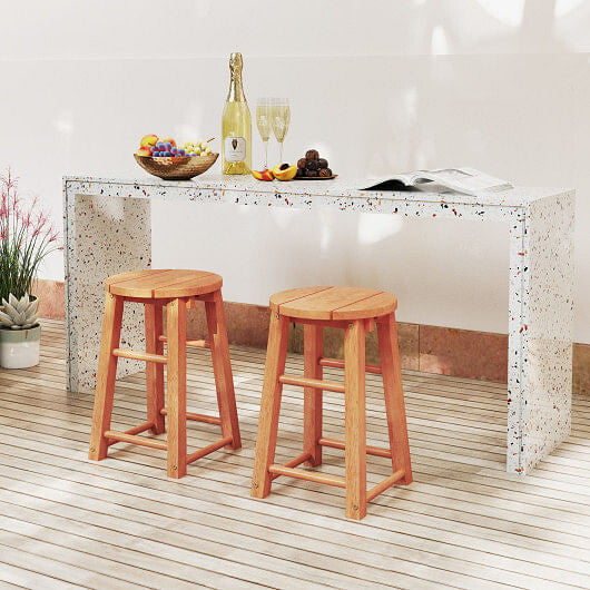 18-Inch Outdoor Wood Bar Stools Set of 2 with Round Seat and Footrest-1