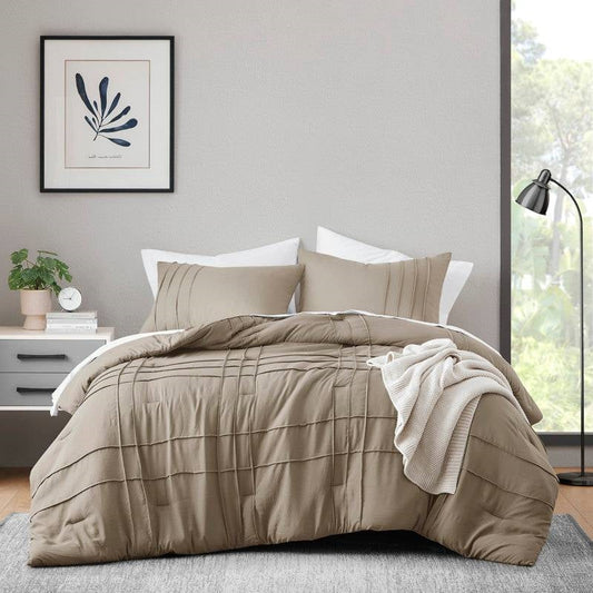 Queen size Microfiber Pleated Soft Lightweight Comforter Set Tan Khaki Taupe-0