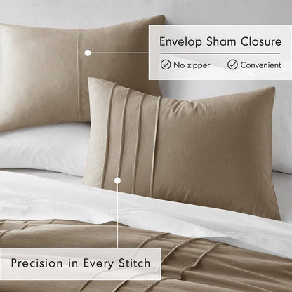 Queen size Microfiber Pleated Soft Lightweight Comforter Set Tan Khaki Taupe-2