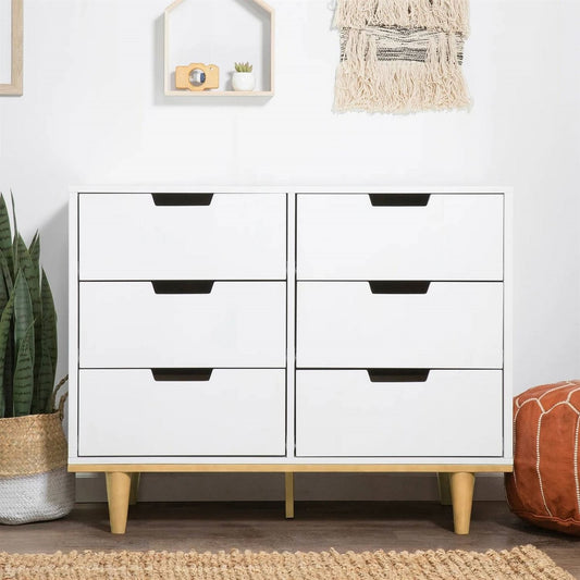 Modern Mid-Century Style 6-Drawer Double Dresser in White Natural Wood Finish-0