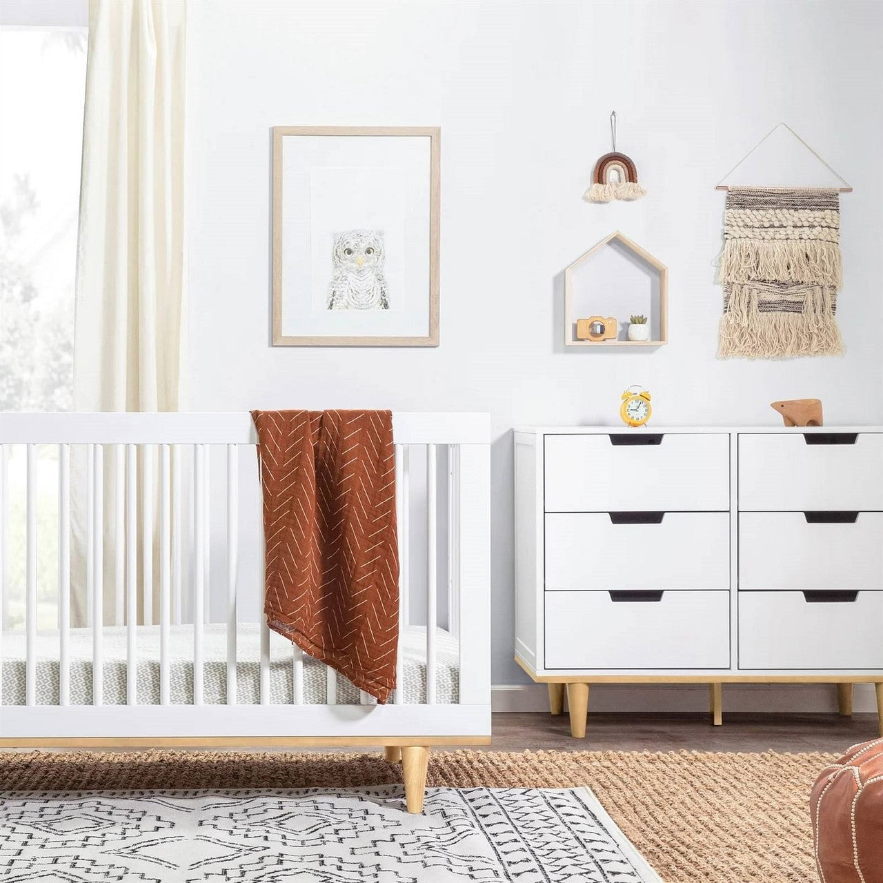 Modern Mid-Century Style 6-Drawer Double Dresser in White Natural Wood Finish-1