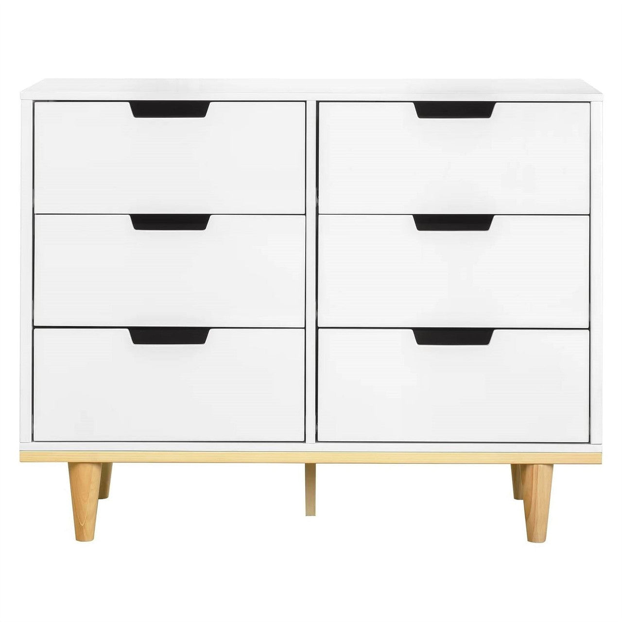 Modern Mid-Century Style 6-Drawer Double Dresser in White Natural Wood Finish-2