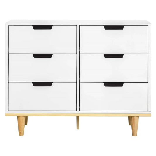 Modern Mid-Century Style 6-Drawer Double Dresser in White Natural Wood Finish-2