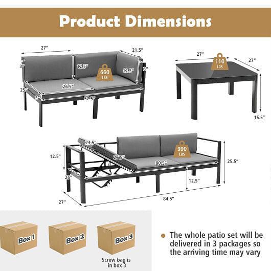 3 Pieces Aluminum Patio Furniture Set with 6-Level Adjustable Backrest-Gray-4