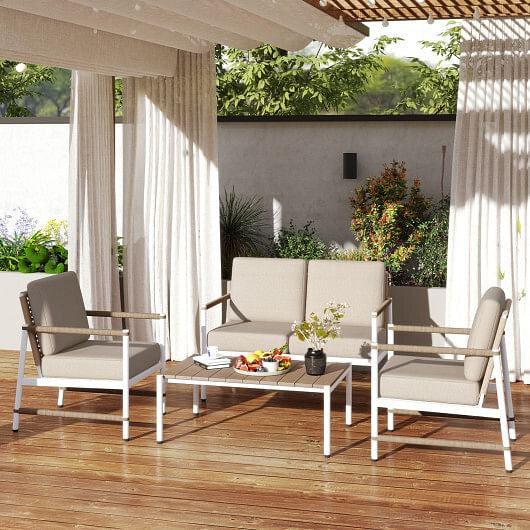 4 Pieces Patio Furniture Set with Thick Cushions and a Coffee Table-Gray-0