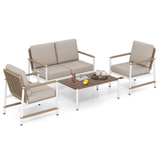4 Pieces Patio Furniture Set with Thick Cushions and a Coffee Table-Gray-2