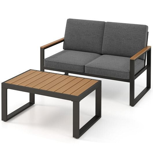 2 Piece Patio Aluminum Furniture Set with Wood-Plastic Armrests and Tabletop-Gray-4