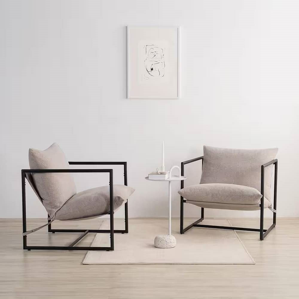 Modern Beige Grey Tan Oatmeal Upholstered Accent Chair with Metal Frame-0