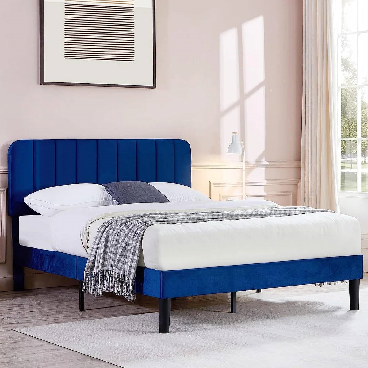 Queen size Blue Upholstered Platform Bed Frame with Headboard-1