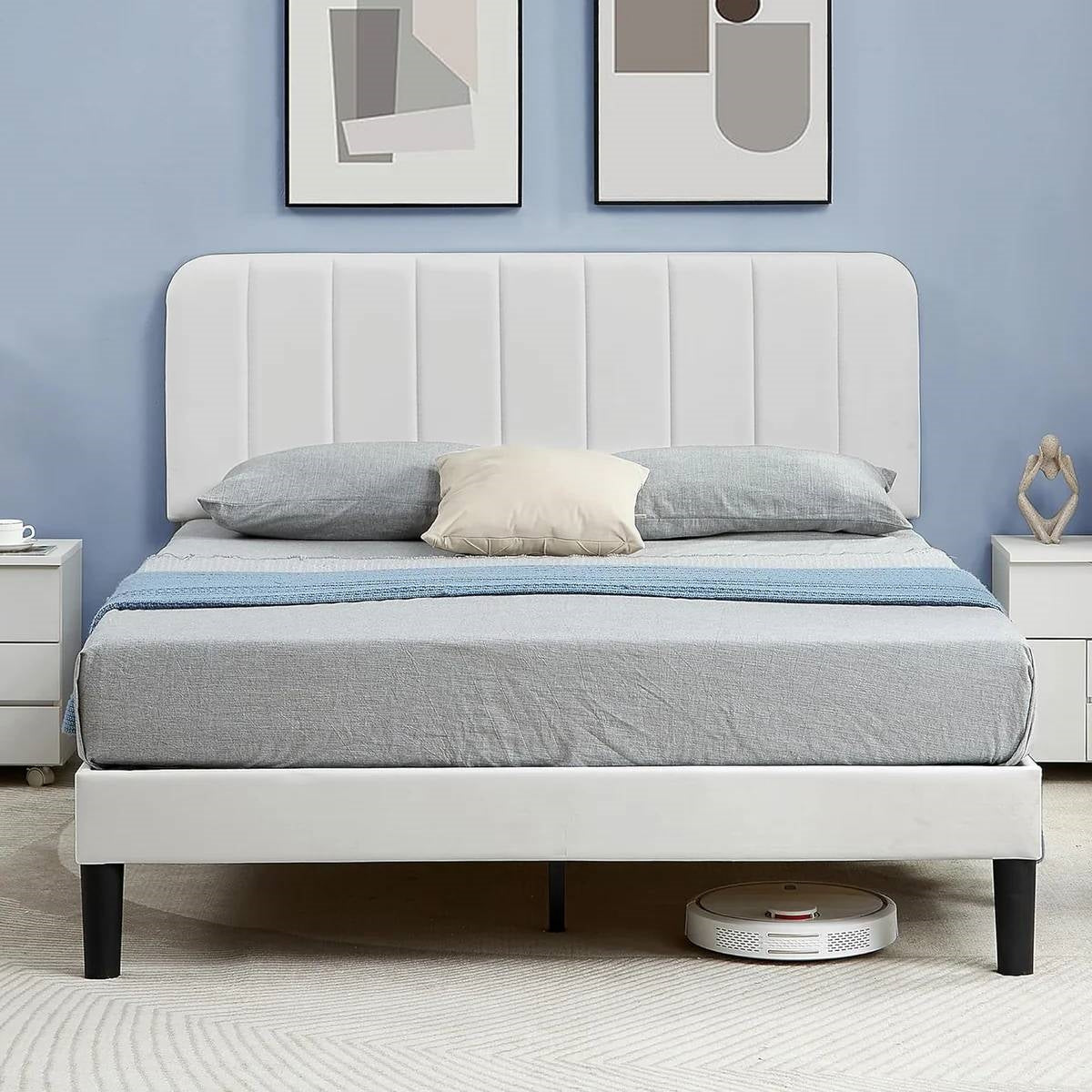 Queen size White Upholstered Platform Bed Frame with Headboard-0