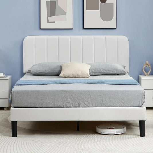 Queen size White Upholstered Platform Bed Frame with Headboard-0