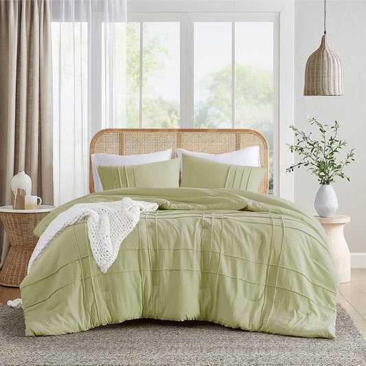 Queen size Microfiber Pleated Lightweight Soft Comforter Set in Sage Green-0