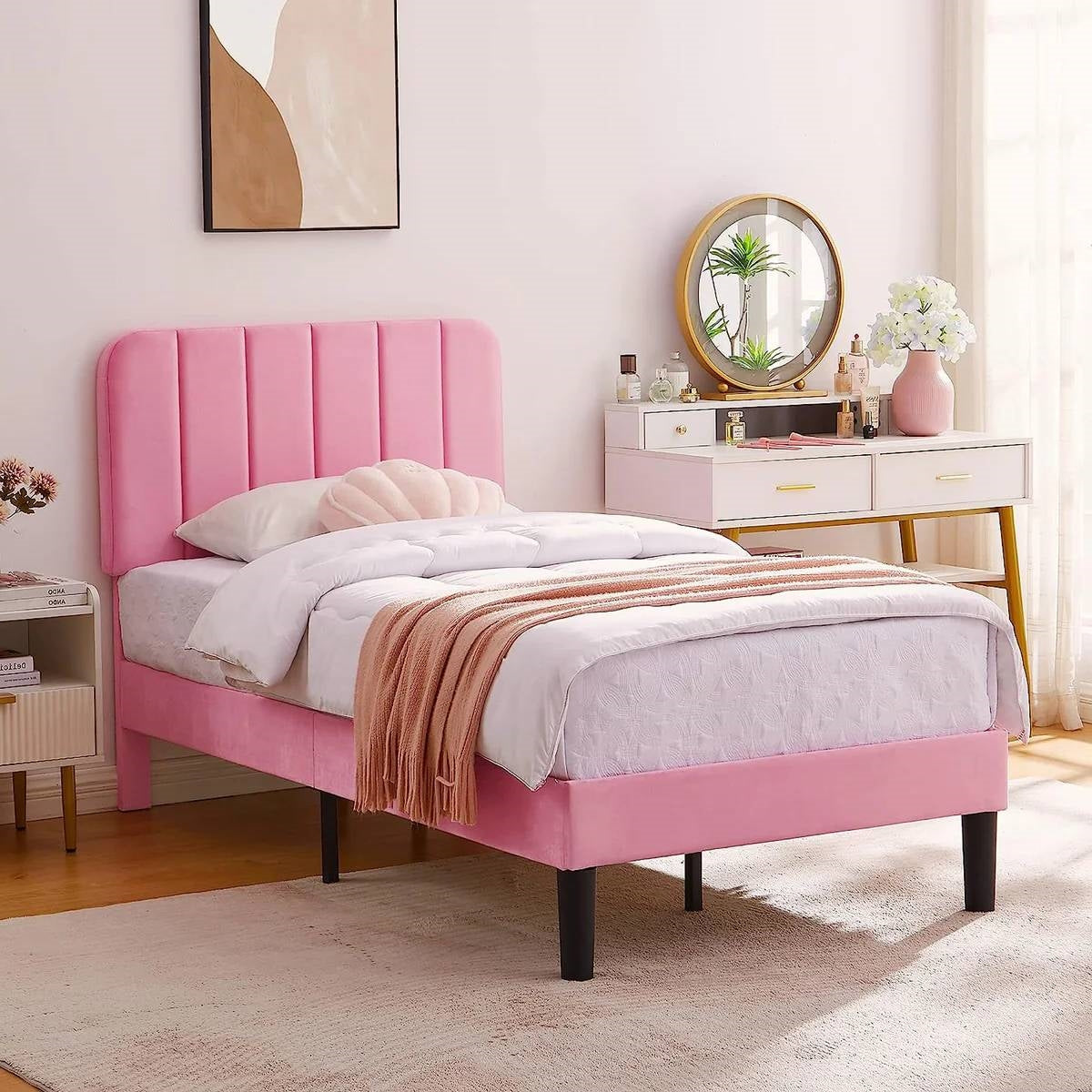 Twin size Pink Upholstered Platform Bed Frame with Headboard-0