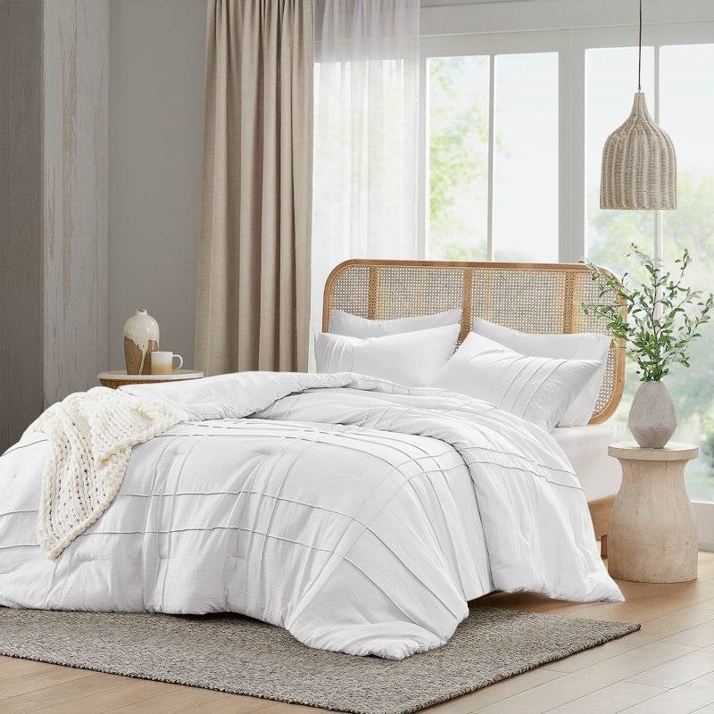 King Size Microfiber Pleated Soft Washed Comforter Set White-1