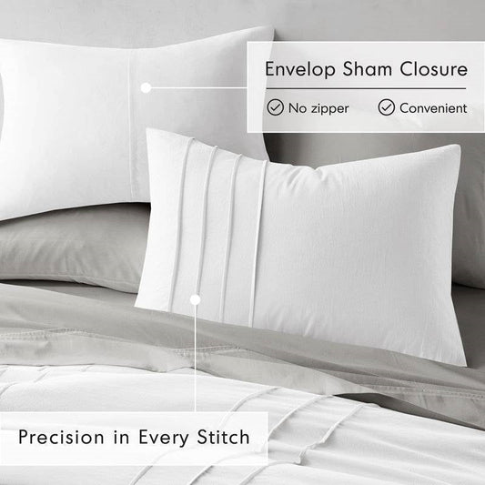 King Size Microfiber Pleated Soft Washed Comforter Set White-3